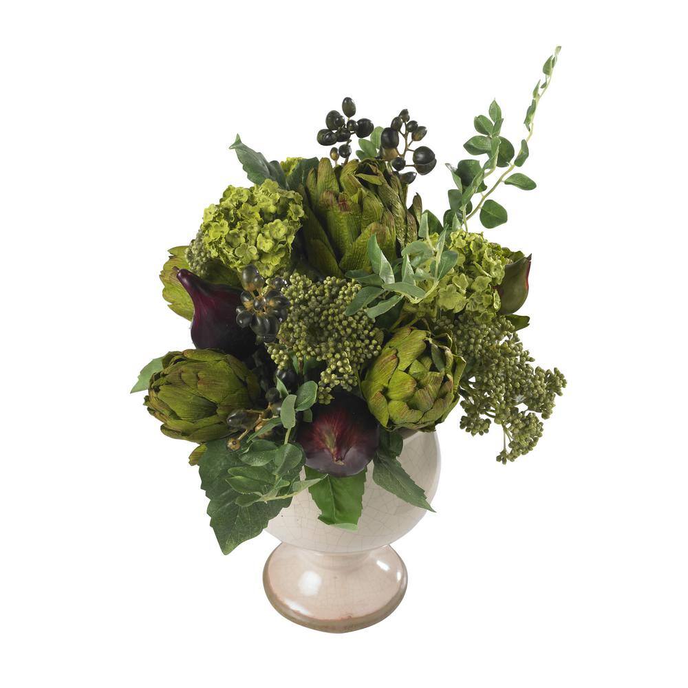 Green and Cream Silk Hydrangea and Artichoke Tabletop Centerpiece