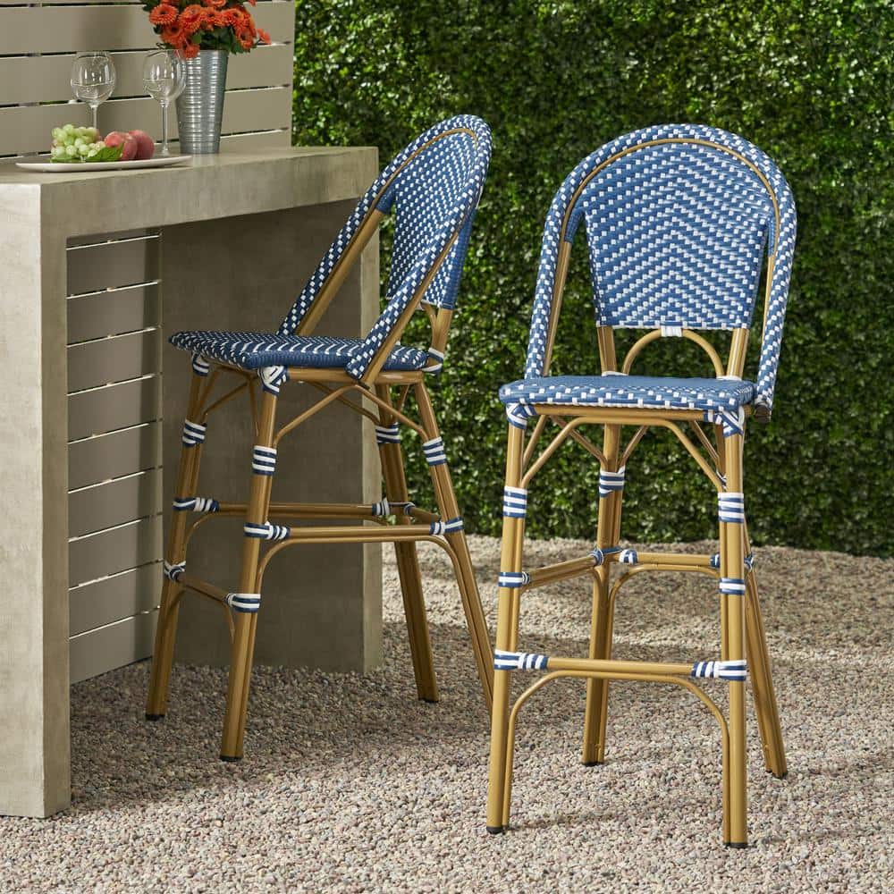 Dark Teal and White Armless Aluminum Bar Stools, Set of 2