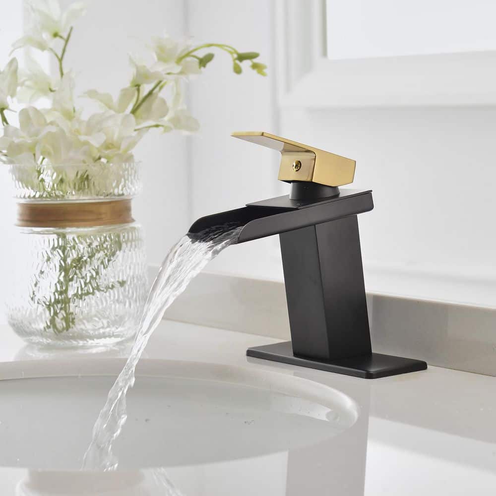 Matte Black and Gold Single-Handle Waterfall Bathroom Faucet