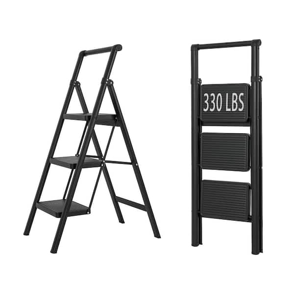 3-Step Steel Folding Step Stool Ladder 330 lbs. Load Capacity (1 ft. Industry Standard Ladder Height),Black