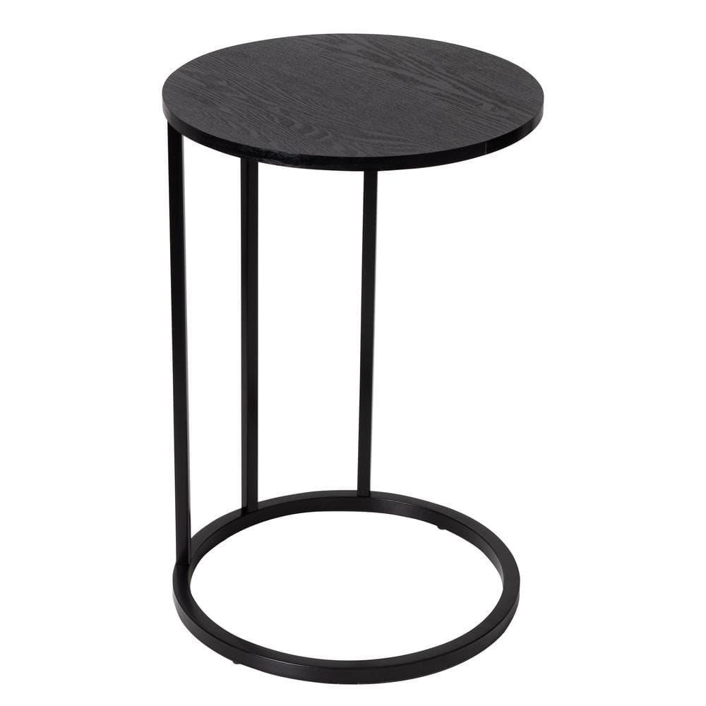 Black Round Wood and Metal C-Shaped End Table