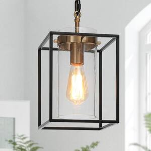 Modern Cage Kitchen Pendant Lighting 1-Light Black & Brass Pendant Light for Kitchen Island with Seeded Glass Shade