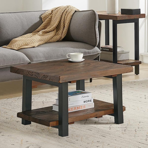 Pomona 27 in. Rustic Natural/Black Square Wood Top Coffee Table with Shelf