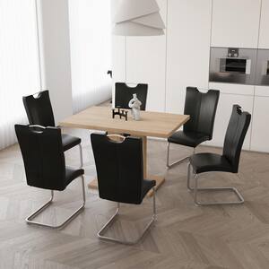 7-Piece Rectangle OAK MDF Table Top Dining Room Set Seating 6 with Black Chairs