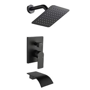 Single-Handle 2-Spray Square Shower Faucet with Tub Waterfall Spout in Matte Black Valve Included