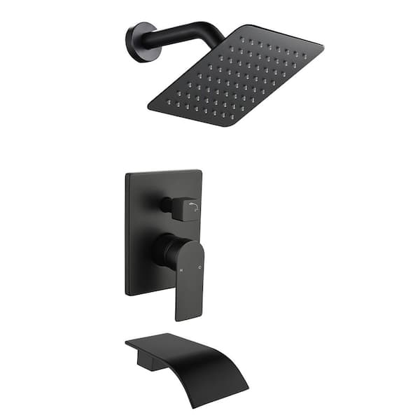 Miscool Single-Handle 2-Spray Square Shower Faucet with Tub Waterfall Spout in Matte Black Valve Included