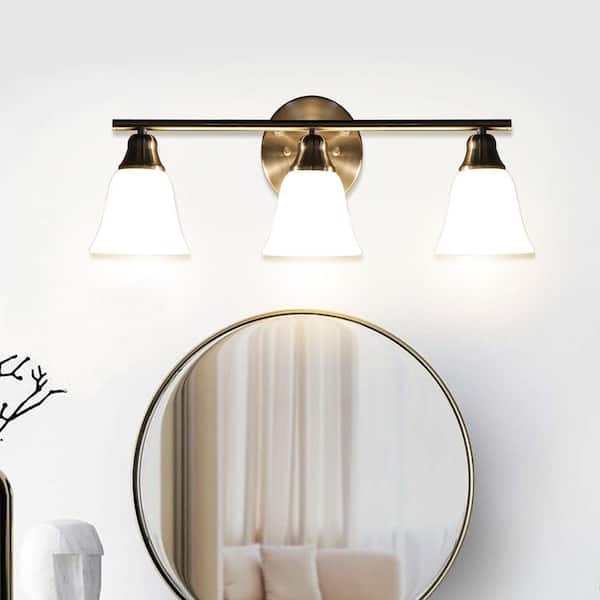 24 in. 3-Light Brushed Nickel Bathroom Vanity Light Fixture with Alabaster Glass Bell Shades