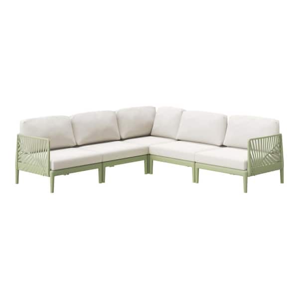 Frond&Form Outdoor Patio Green 5-Piece Poly Plastic All Weather Sectional Set with Ivory Cushions
