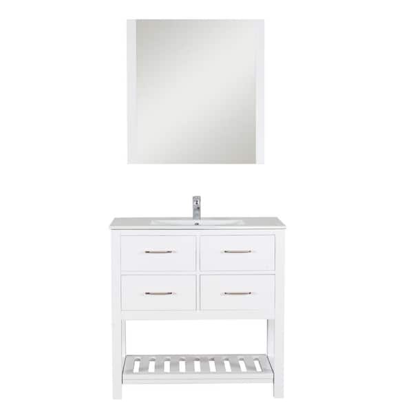 Unbranded Santa Monica 36 in. W x 18 in. D Bath Vanity in White with Ceramic Vanity Top in White with White Basin and Mirror