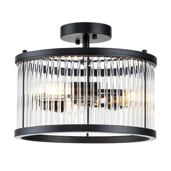 OUKANING 12.8 in. 3-Light Black Semi-Flush Mount Modern Round Glass Shade Ceiling Light