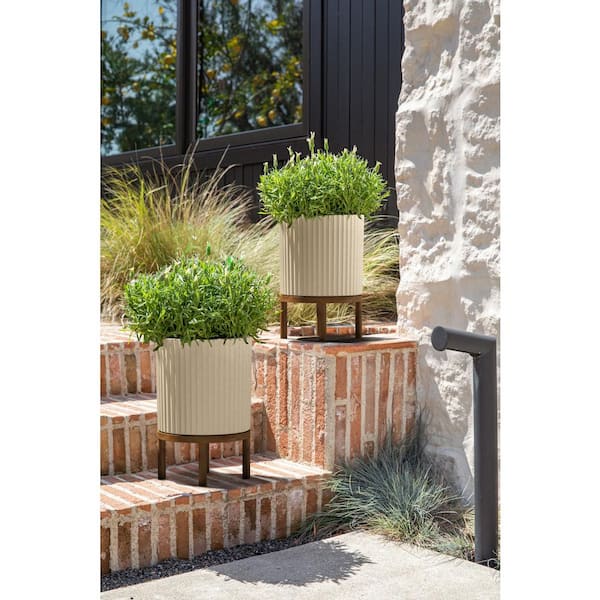 Demi 12 in. Raised with Stand Round Sand Plastic Planter with Brown Stand (2-Pack)