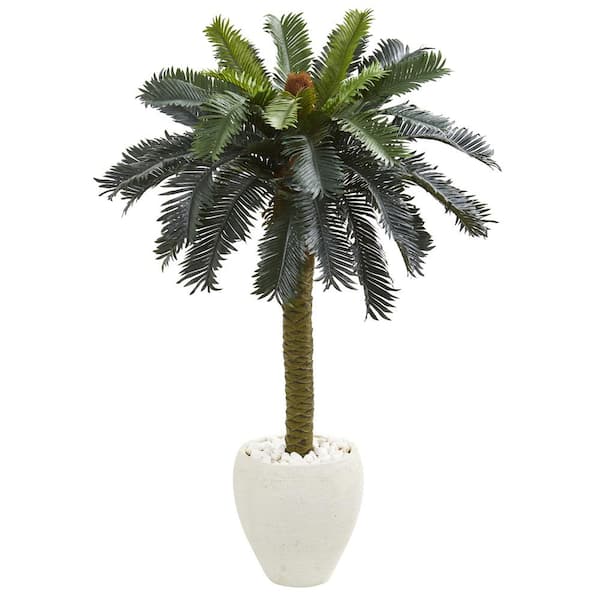 Nearly Natural Indoor 4 ft. Sago Palm Artificial Tree in White Planter