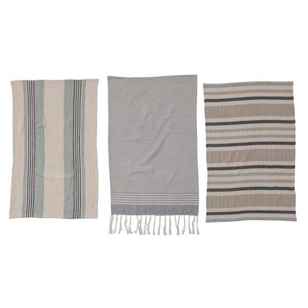 Striped Cotton Tea Towels with Fringe, Set of 3