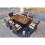 Fire and Ice Brown 7-Pieces Wicker Patio Conversation Fire Pit Table Set with Beige Cushions and Alumunium Table Top