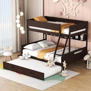 Espresso Twin over Full Wood Bunk Bed with Storage Shelves, Twin Size Trundle, Built-in Inclined Ladder