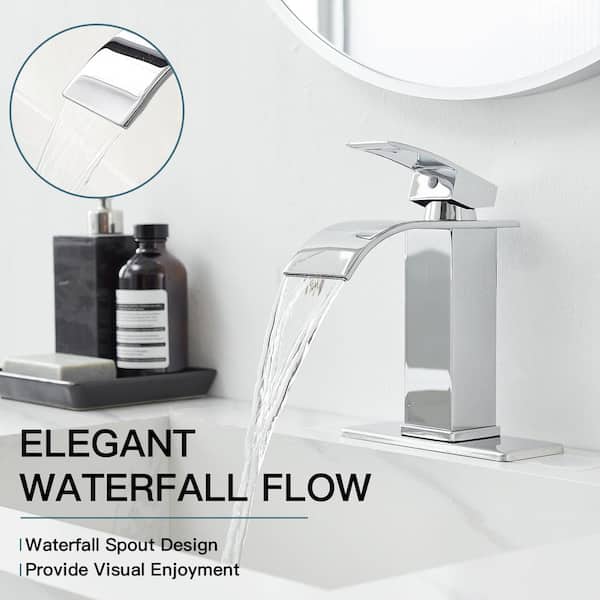Waterfall Single Handle Single Hole Low-Arc Bathroom Faucet Bathroom Drip-Free Vanity Sink Faucet in Polished Chrome