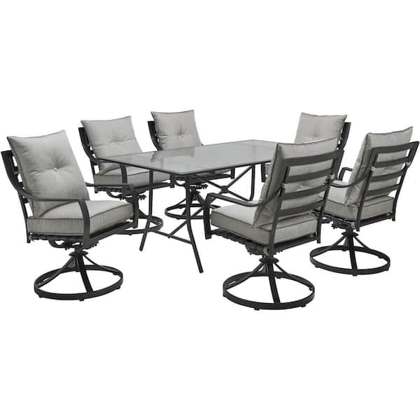 Hanover Lavallette 7-Piece Steel Outdoor Dining Set with Silver Linings Cushions, Swivel Rockers and a Glass-Top Table