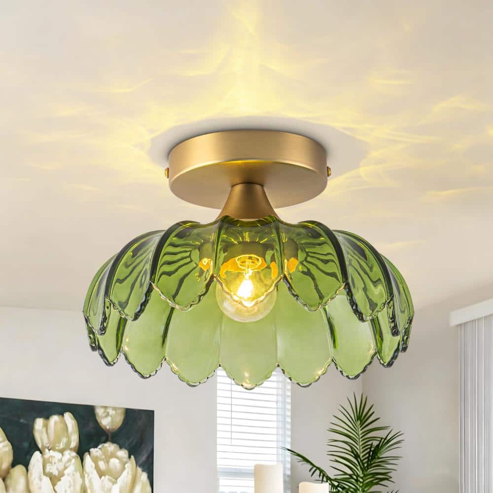 Modern Gold Semi Flush Mount Ceiling Light with Floral Green Glass Shade, Vintage Glass Ceiling Light for Kitchen Foyer price history on PriceWatchPro