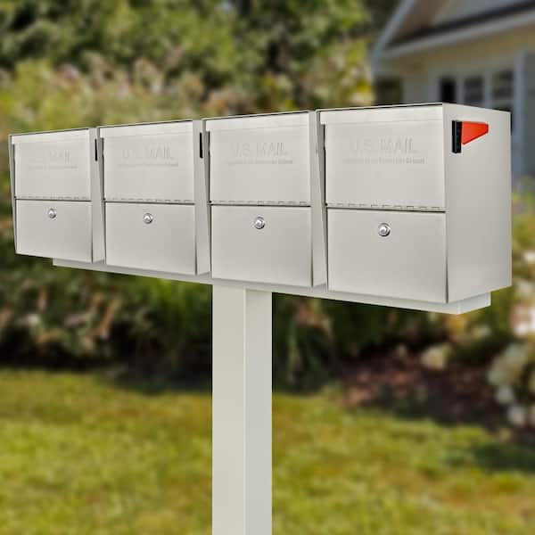 Package Master X4 Locking Post Mount Mailbox Combo Kit, Cream White, In-Ground Post, 4-Compartment High Security Cluster