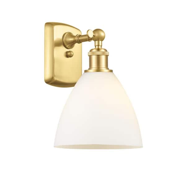 Bristol Glass 1-Light Satin Gold, Matte White Wall Sconce with White Glass Shade