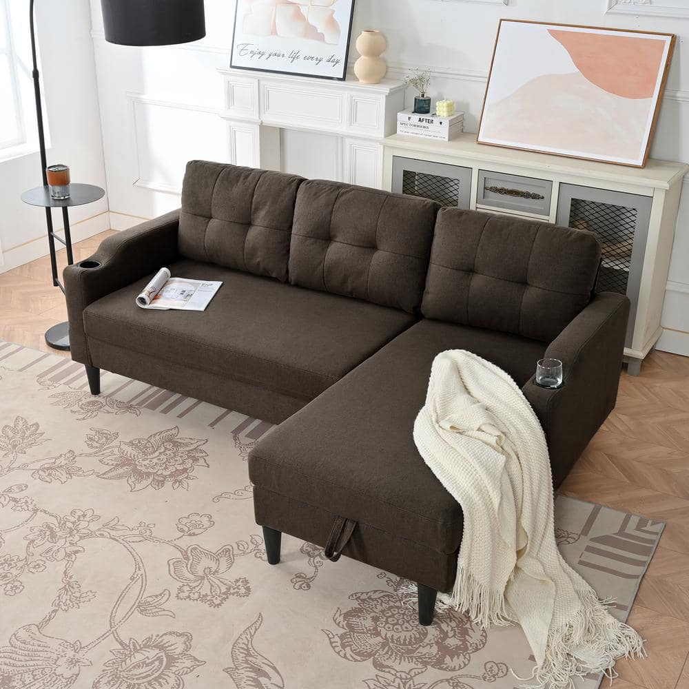 Brown Tufted Linen Fabric Sectional Sofa with Storage and Cup Holders