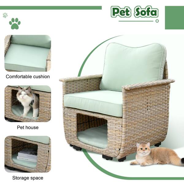 HOOOWOOO Echo Beige 7-Piece Wicker Multi-functional Pet Friendly Outdoor Patio Conversation Sofa Set with Light Green Cushions