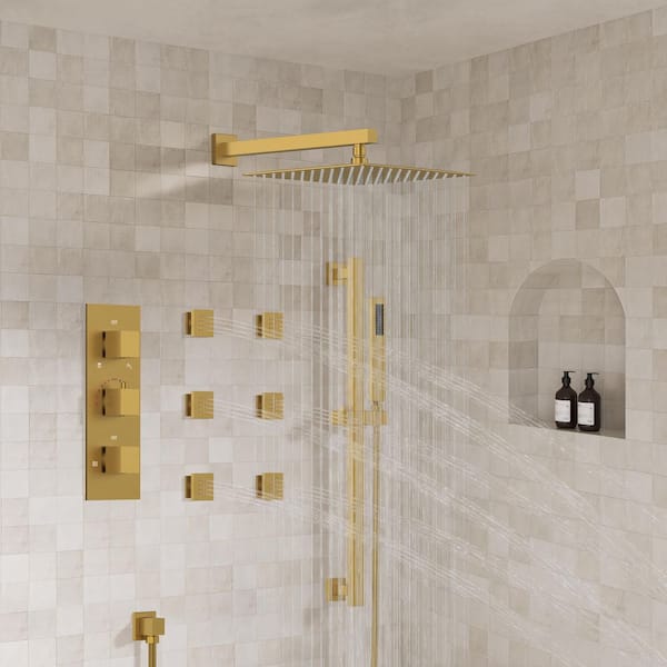 Thermostatic 3-Handle 12 in. Shower Faucet 2.5 GPM with 5-Spray Patterns 6-Jets in Brushed Gold (Valve Included)