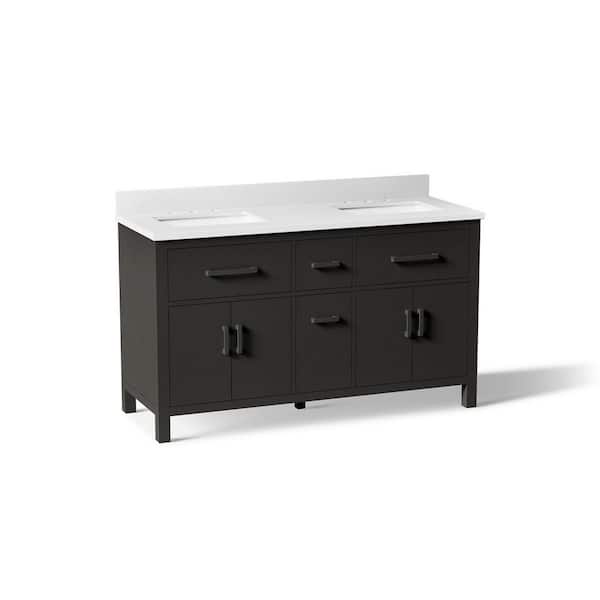 Kresla 61in. Double Sink Freestanding Carbon Oak Bath Vanity with White Quartz Top Assembled