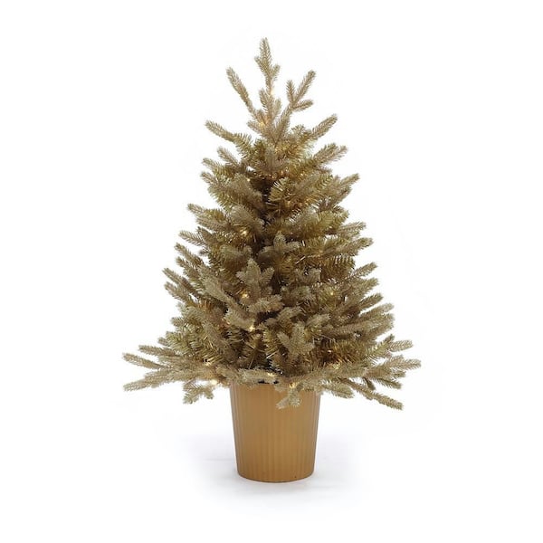 3 ft. Gold Branches Pine Artificial Christmas Tree with Battery-Operated Lights and Gold Pot