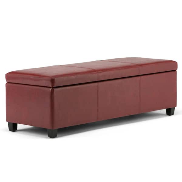 Simpli Home Avalon 48 in. Wide Contemporary Rectangle Storage Ottoman Bench in Red Vegan Faux Leather, Assembled