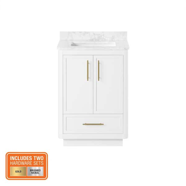 Tamsin 24 in. Single Sink White Bath Vanity with White Round Corner Engineered Marble Top (Assembled)