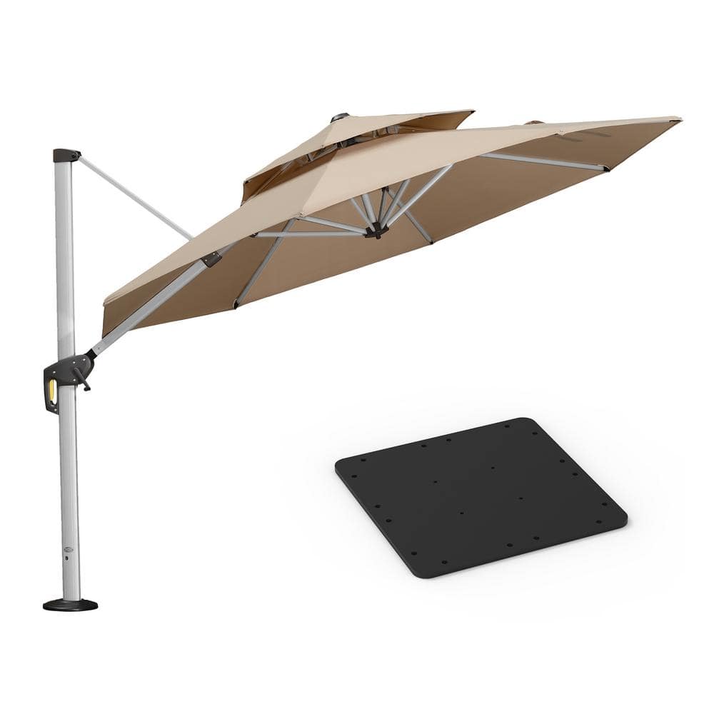 10 ft. Octagon High-Quality Aluminum Cantilever Polyester Outdoor Patio Umbrella with Base Plate, Beige