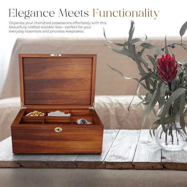 Acacia Wood Box with Hinged Lid and Locking Key, Decorative Wooden