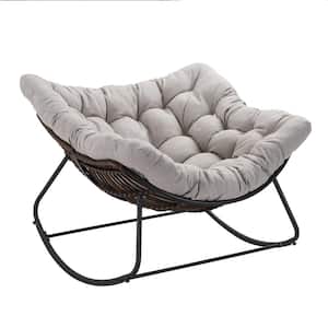 44.5 in. W White Metal Outdoor Rocking Chair with Light Grey Cushions