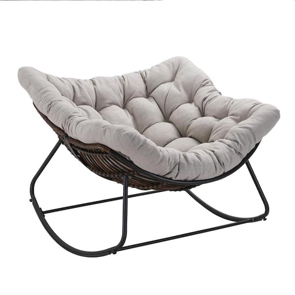 Runesay 44.5 in. W White Metal Outdoor Rocking Chair with Light Grey Cushions