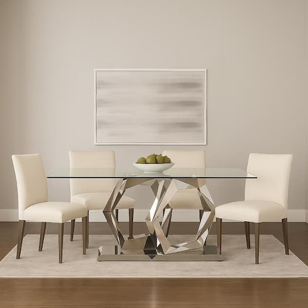 Benjara Chrome Glass Rectangle 39 in. Double Pedestal Base Dining Table Seats 4