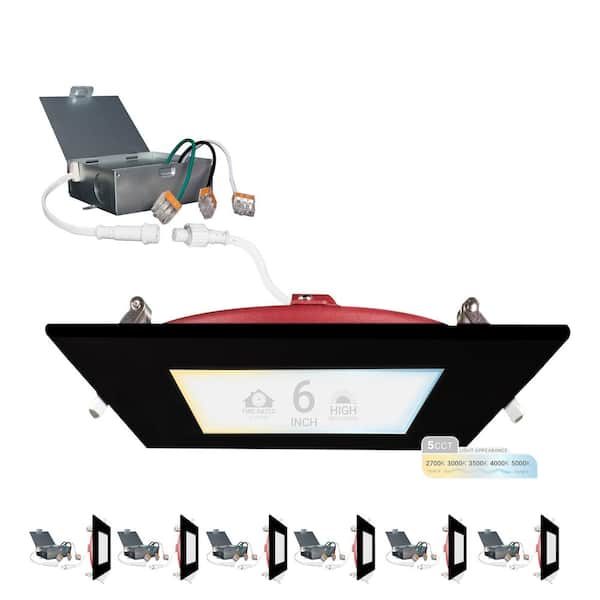 NuWatt 6 in. Black Square 2HR Fire Rated Canless 5CCT Select New Construction 15-Watt Integrated LED Recessed Lighting Kit 6PK