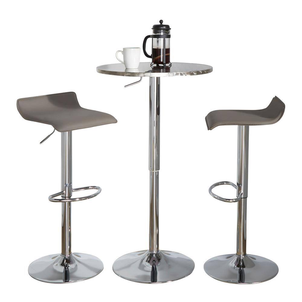 Adjustable Chrome Metal and Grey Faux Leather Bistro Bar Set - 3 Piece