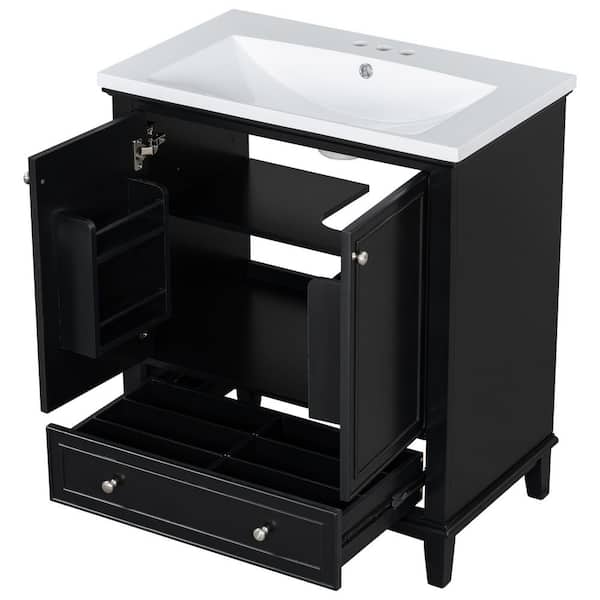 30 in. W x 18 in. D x 34.8 in. H Single Sink Freestanding Black Bath Vanity with White Ceramic Top and Drawer