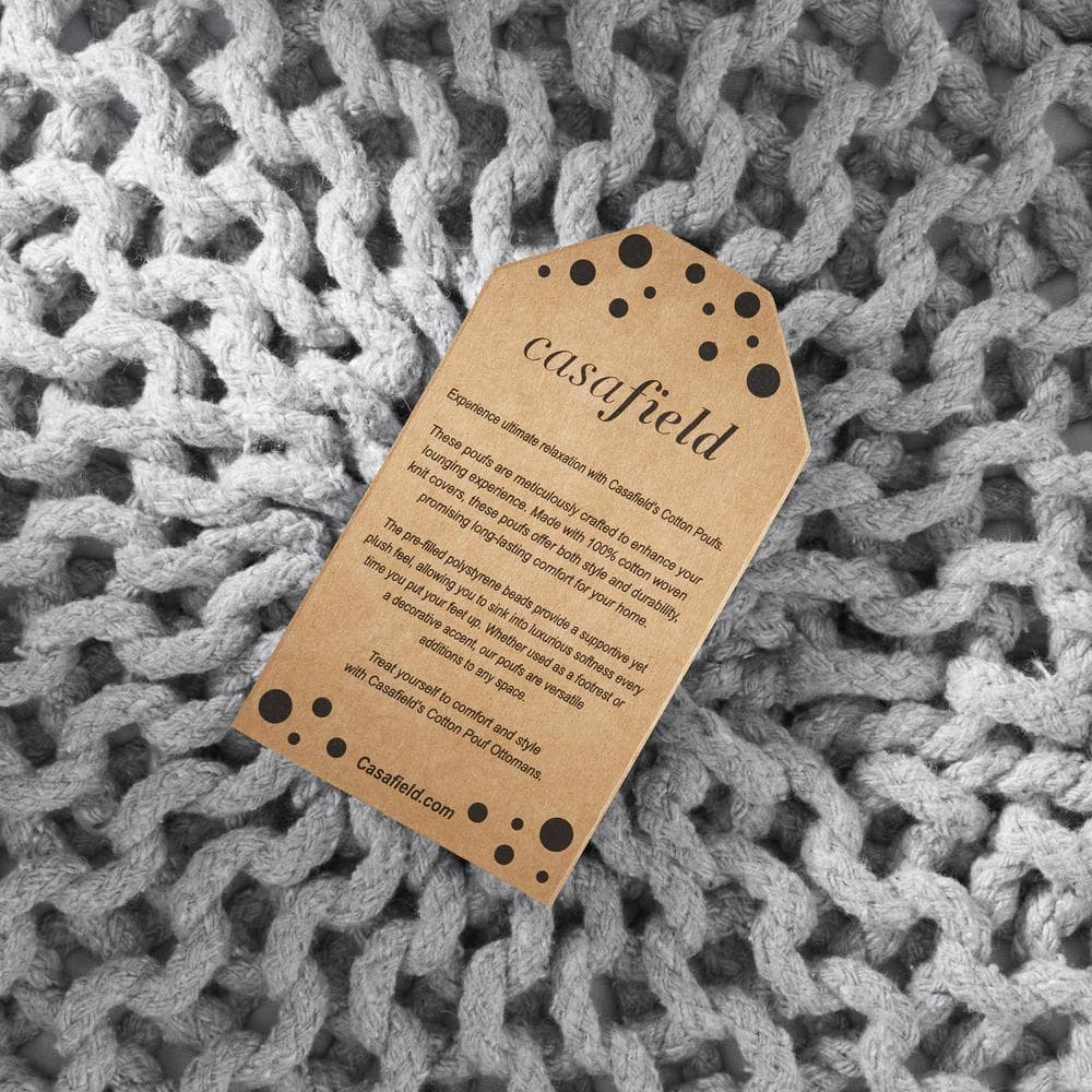 Light Gray Hand-Knitted Cotton Round Pouf Ottoman