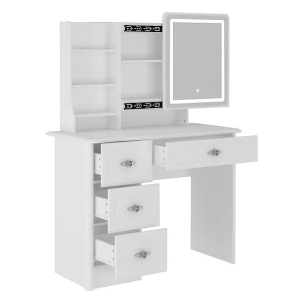 FUFU&GAGA 4-Drawers White Dresser With Push-Pull Mirror, Color Change LED, Stool, Shelves (55.9 in. H x 39.4 in. W x 19.7 in. D)