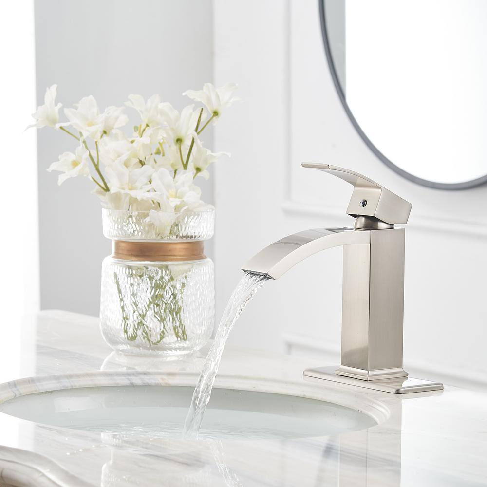 Brushed Nickel Single-Handle Waterfall Bathroom Faucet with Drain