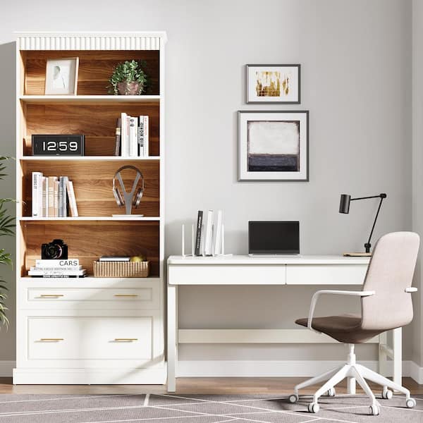 Atencio 2-Drawer White Wood 31 in. W Vertical File Cabinet Bookshelf with 5-Tier Storage for Letter Size, Printer Stand