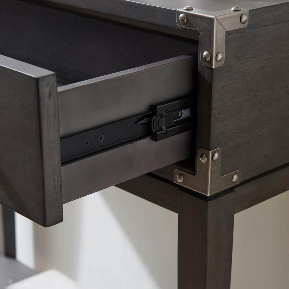 Tiny Gray Wood and Pewter Hallway Table with Storage