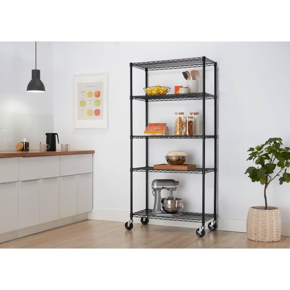 Black 5-Tier Steel Wire Shelving Unit with Wheels, 18"L x 36"W x 76"H