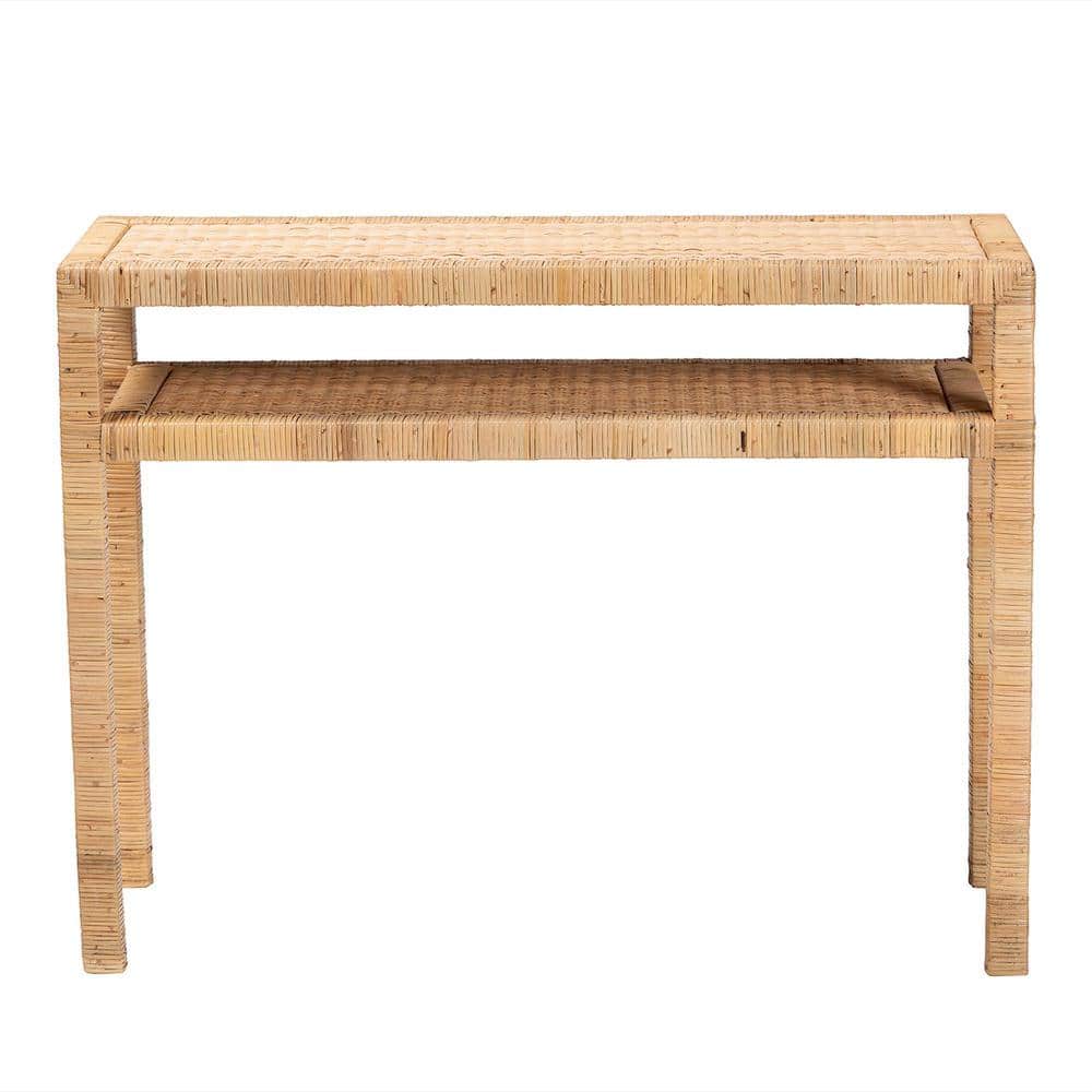 Light Honey Acacia Wood and Rattan Console Table with Storage