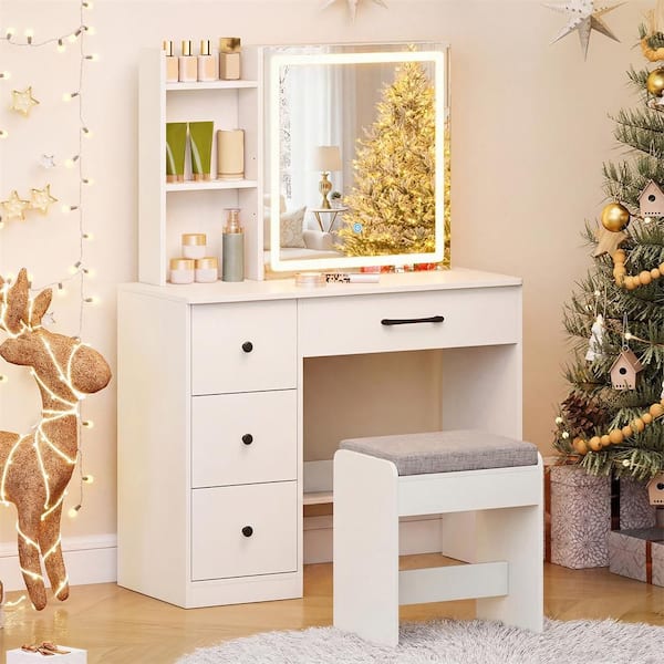 modern bedroom dressing table with mirror Amazon.com: homary White Makeup Vanity Set with LED Mirror and Dressing Stool, Modern PU Leather Dressing Table with Drawers for Bedroom, Ideal for Women Girls (White) : Home & Kitchen