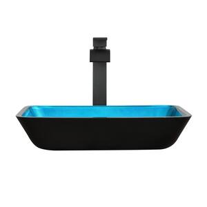 Handmade Countertop Turquoise Glass Rectangular Bathroom Vessel Sink with Faucet and Pop-Up Drain