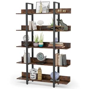 Earlimart 71.65 in. Rustic Brown Engineered Wood and Metal 5 Shelf Standard Bookcase Bookshelf with Back Fence