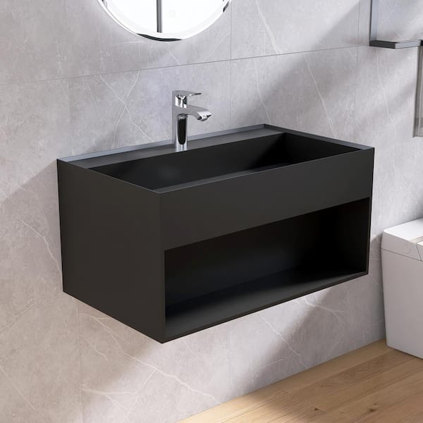 31 in. Wall-Mount Solid Surface Bathroom Vanity in Black with Storage Area and Single Faucet Hole